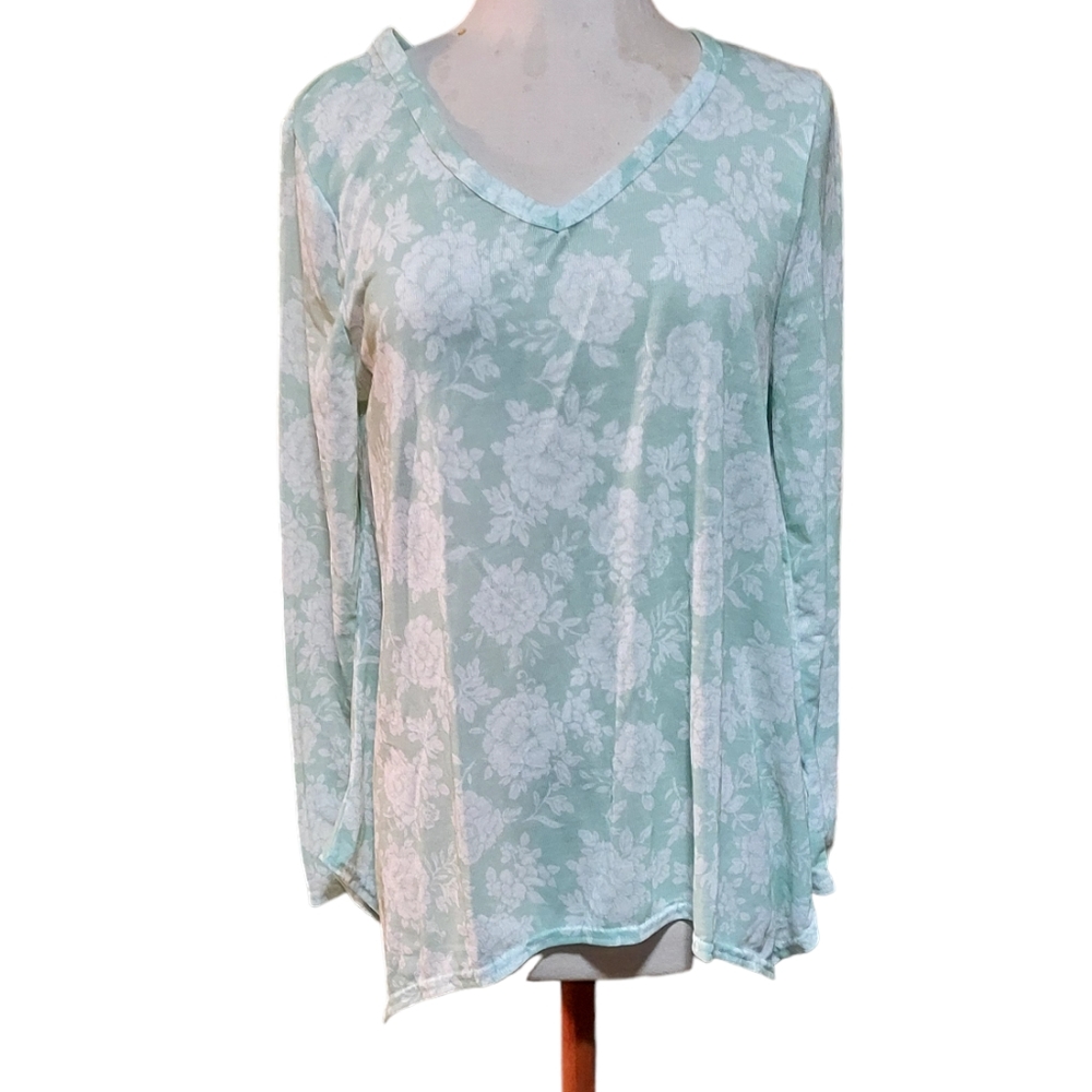 Cato xl Top Blouse Long Sleeve Shirt Green White Floral  Vneck Substanti…